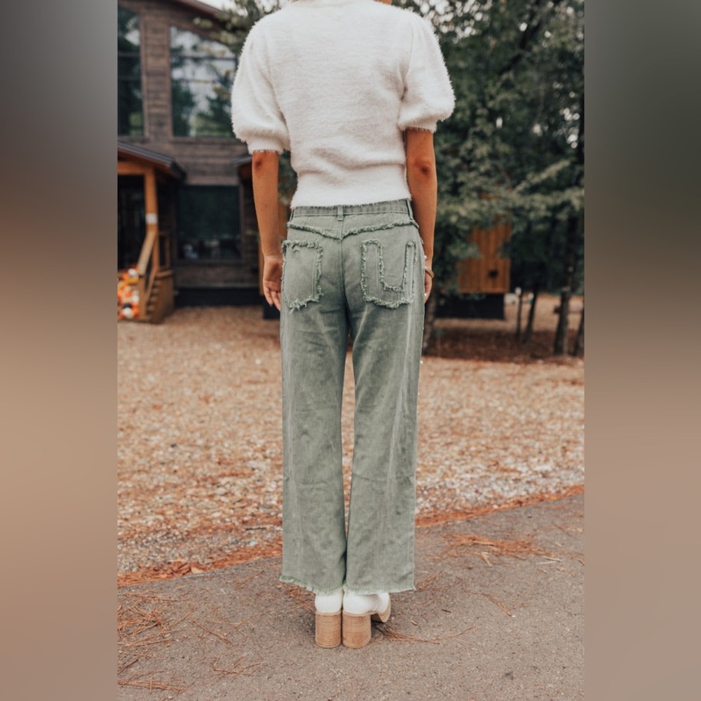 POL Pearl Beaded Distressed Raw Hem Straight Leg Denim Sage Green - Picture 3 of 9